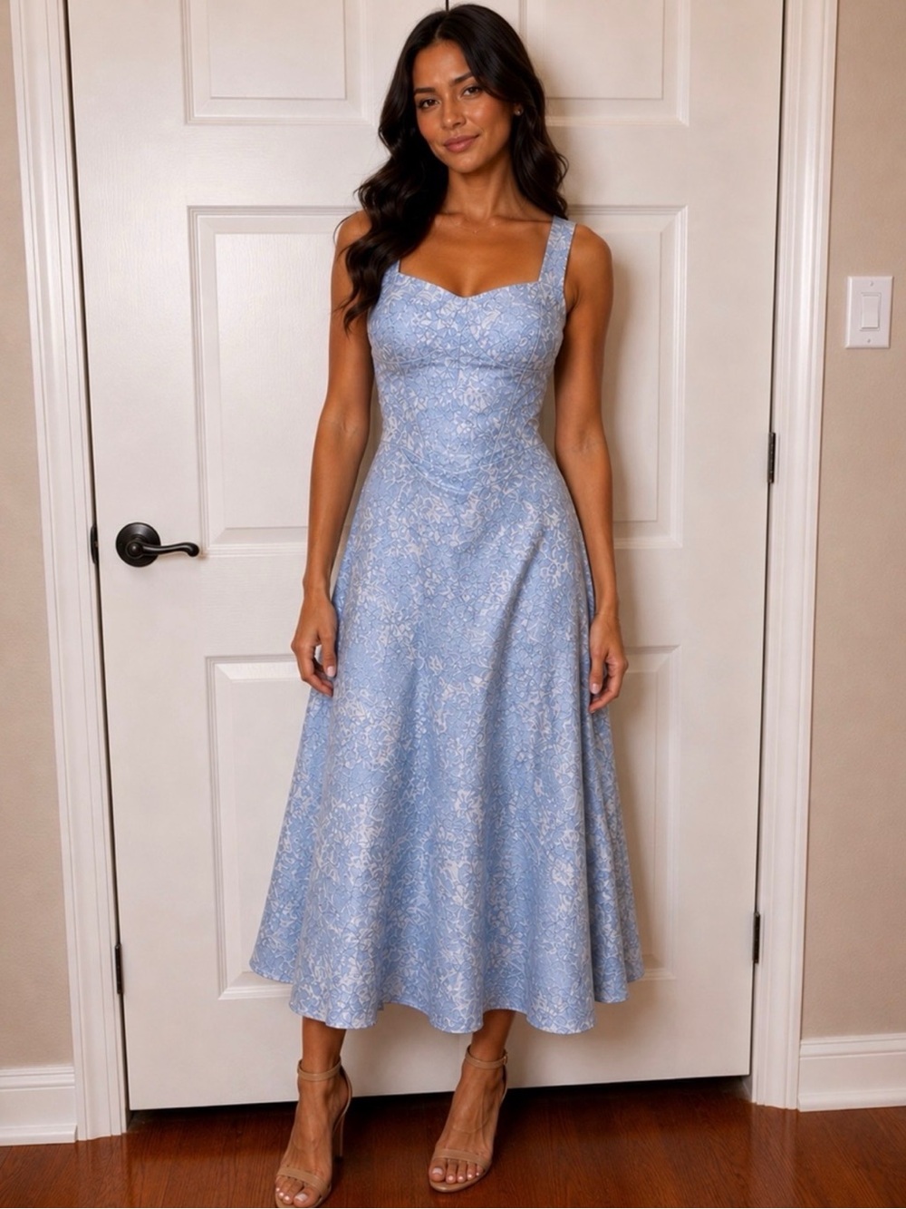 Elegant Light Blue Floral Midi Dress - Picture 2 of 10